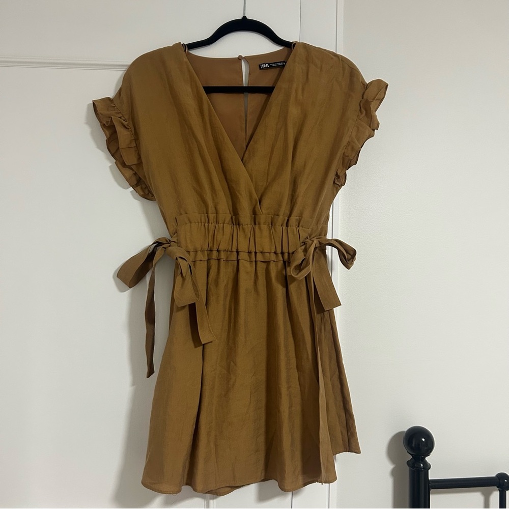 Zara Tan Ruffle Sleeve Mini Dress